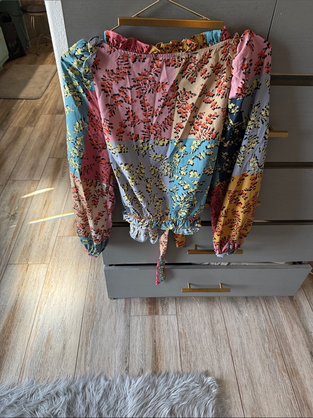 Multi-Color Floral Wrap Top with Ruffle Collar - Picture 3 of 6